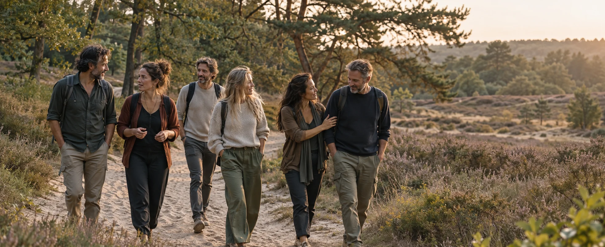 Een groep mensen wandelt samen door bos en hei