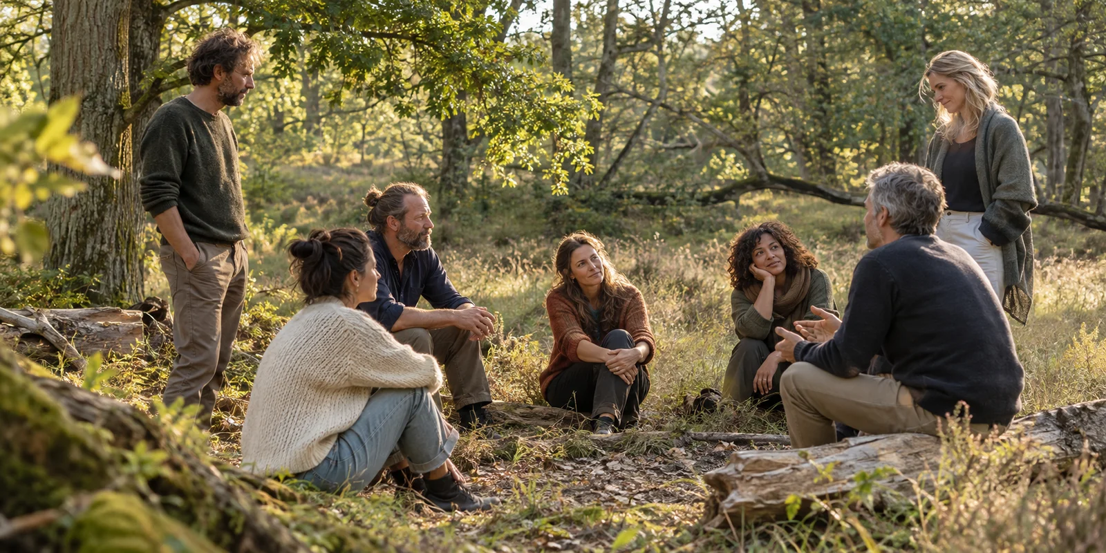 Een groep mensen in gesprek in het bos